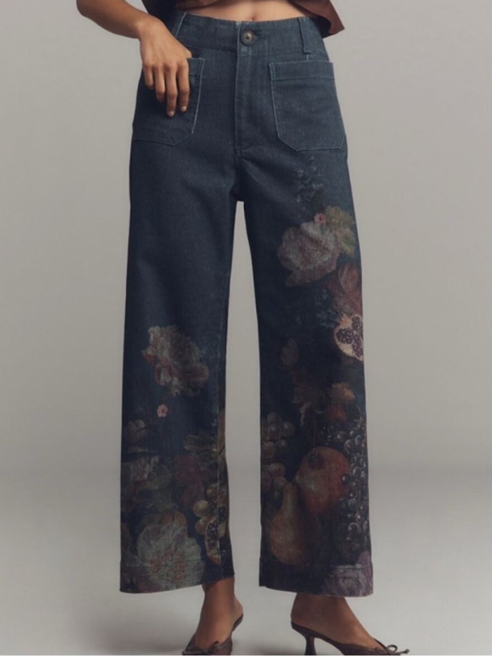 Anthropologie The Colette Crop Wide-Leg Jeans Black Fruit Print
